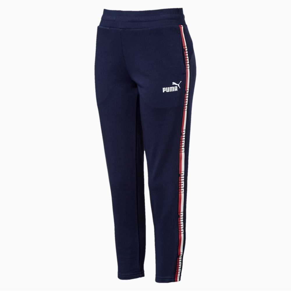 EUC Women’s Size X-small Puma Tape Log Print Sweatpants In Dark Navy/Red/White